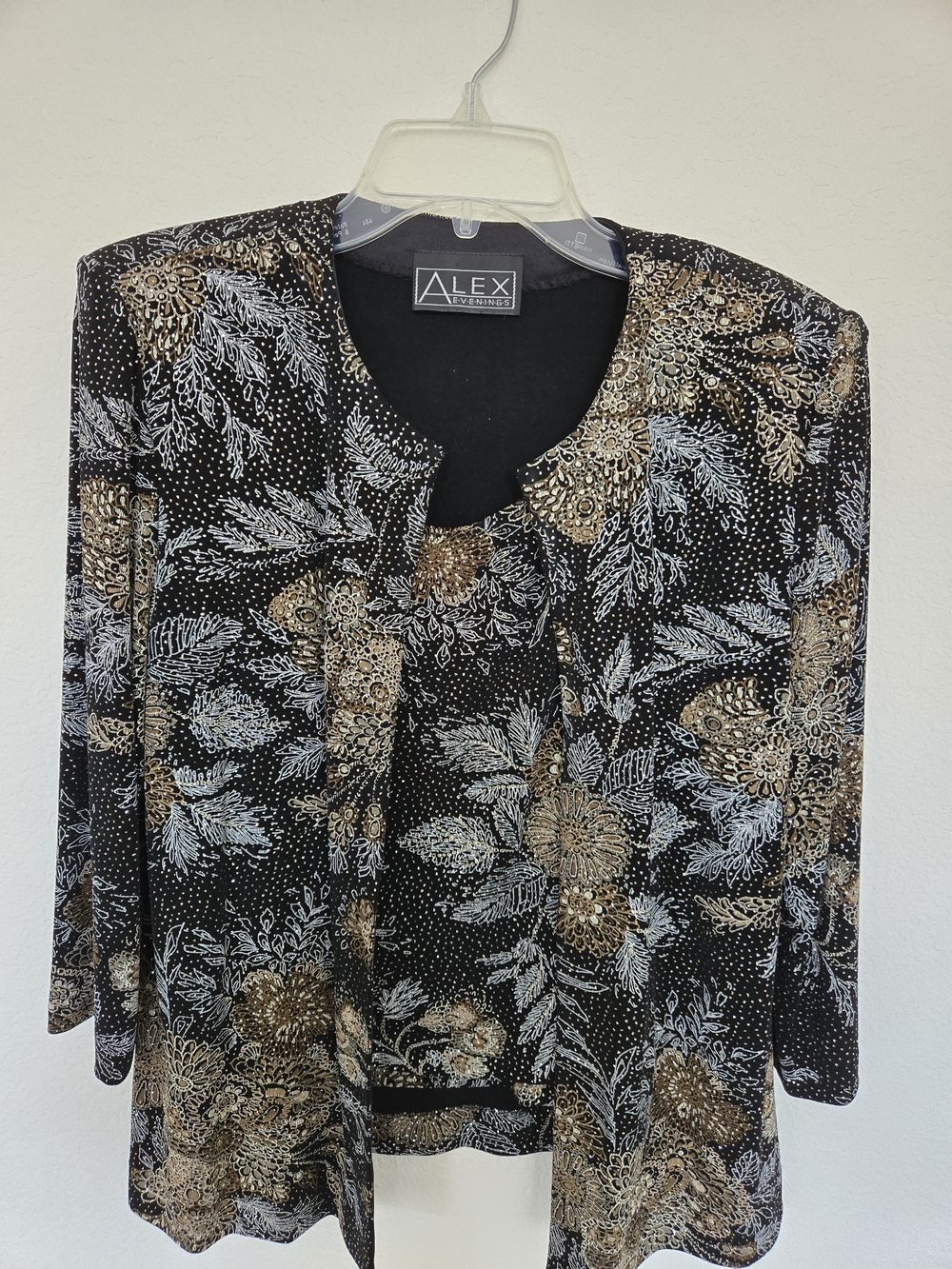 Alex Evenings Black Top with Gold and Silver Floral Print